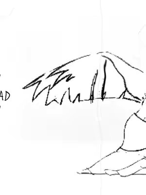 A sketch-like image of a stylized figure, possibly an angel or a winged creature, drawn in black lines on a white background. The figure is partially obscured, with visible wings and a portion of a body, suggesting movement or flight. The sketch has a raw, unfinished quality.