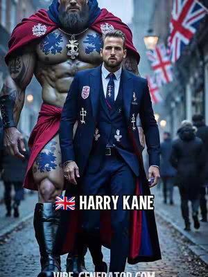 A digitally created image showing a man in a suit standing in front of a giant muscular figure designed to look like the real man wearing a suit. They are standing on a street with traditional buildings. At the top are flags with a specific flag shape. Text and the UK flag are added as overlays.