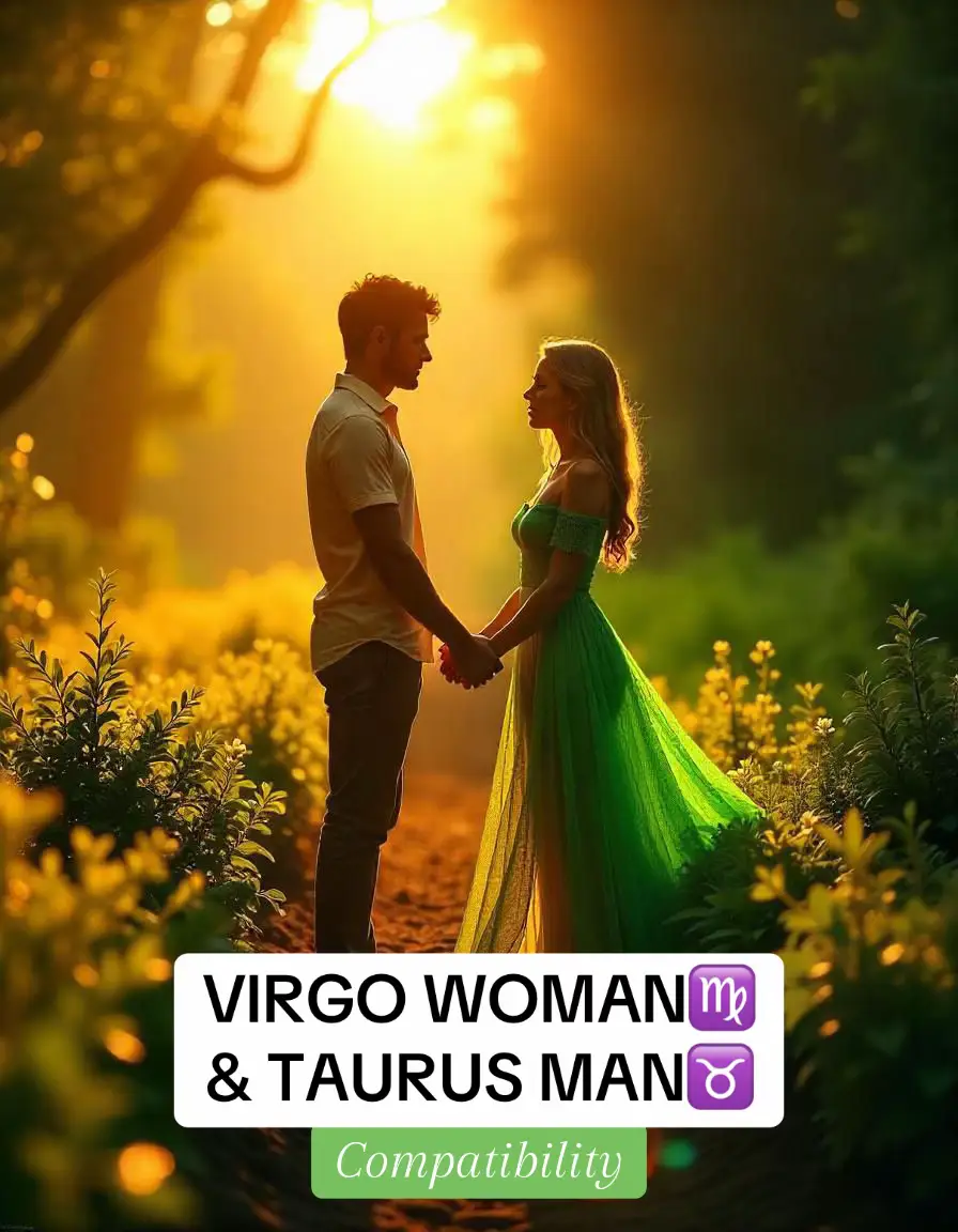 The cover image shows a couple standing face to face in a lush, sunlit environment. The woman wears a green dress and the man is in white. Their hands are intertwined, suggesting a romantic connection. The scene is bathed in warm, golden light, with trees and foliage in the background, creating a serene and natural atmosphere. Text overlays at the bottom provides context about virgo woman & taurus man compatibility.