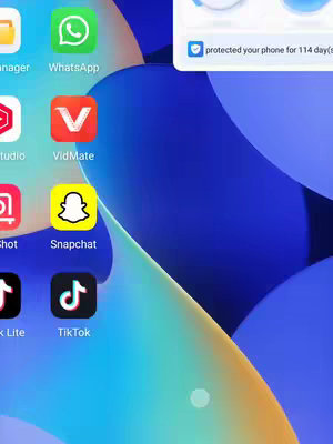 The cover image shows a portion of a phone's home screen. Several app icons are visible, including WhatsApp, VidMate, Snapchat, and TikTok. A notification bubble is displayed at the top, stating, "protected your phone for 114 days(s)". The background features a blurred pattern in shades of blue and teal.