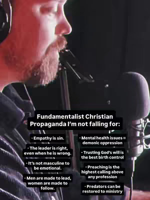 A man with a beard is shown in profile, speaking into a microphone. The background is dark with a visible microphone and headphones. A text overlay on a black background lists points of rejected fundamentalist Christian propaganda.