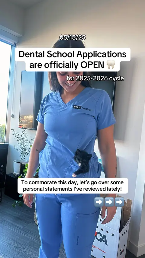 The cover image shows a woman in light blue scrubs, likely a healthcare professional or student, standing indoors. The background is slightly blurred but shows elements of a room. A small black kitten is peeking out from her scrub pocket. Overlay text includes the date and an announcement about dental school applications being open. There are also directional arrow emojis at the bottom.
