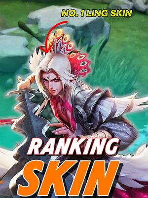 The cover image showcases a digital illustration of a character from a mobile game. The character is a male figure with long white hair styled with a colorful, feathered headpiece. He is holding a blade, and the background features a blended landscape, suggesting a natural environment. Text overlays state "NO. 1 LING SKIN" and "RANKING SKIN" in bold fonts, framed by color blocks.