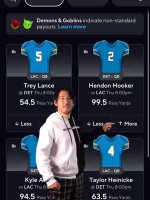 A vertical screenshot of an app interface on the right. A man is shown in the foreground pointing to the interface. The app shows a list of football players next to jerseys, with their stats with a logo in the bottom left corner.