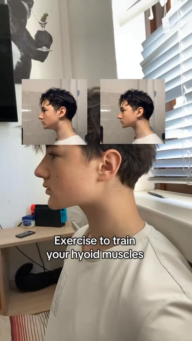 The cover image shows a young man in profile. The left side of his face is visible with short dark hair. In the background, two smaller insets show the same profile view, seemingly demonstrating a before-and-after effect. The overlay text 'Exercise to train your hyoid muscles' is positioned at the bottom of the image.