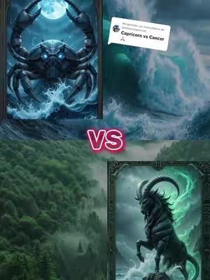 The cover image is a vertical collage. The top left shows a fantasy illustration of a large crab with glowing blue eyes and claws, emerging from a glowing blue ocean, set against a full moon. The top right is a background image of a stormy sea. The word “VS” is written in a pink neon font in the center of the image. The bottom left displays a green, misty fantasy scene with tree silhouettes, while the bottom right has another image of a dark goat-like creature in a ornate border.
