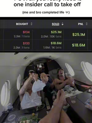 The image shows three men inside of what appears to be a private jet. In the top portion of the image, a display shows financial gains with a "BOUGHT" and "SOLD" section. The men are laughing and posing, with one holding a white object. The interior has cream-colored seating and a side table with drinks.