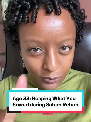 A close-up shot of a woman with curly hair and an olive-green top focuses on her face, framed by a text box that reads 'Age 33: Reaping What You Sowed during Saturn Return.' The background is blurred, suggesting an indoor setting.