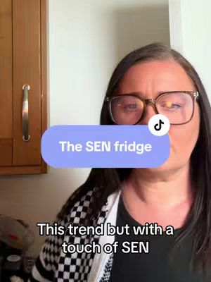 A woman wearing glasses is in the frame, looking at the camera. Overlayed on her is a light-purple colored rectangle with white text that says 'The SEN fridge'. Below there is a black colored text that reads 'This trend but with a touch of SEN'.