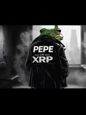The image shows a stylized frog resembling a person with a jacket. It is in a black and white color scheme, except for the frog's green head. The frog is wearing a black leather jacket with the words "PEPE ON XRP" printed on the back. The frog is positioned with its back to the viewer, looking over its shoulder. In the background, there are blurred city buildings.