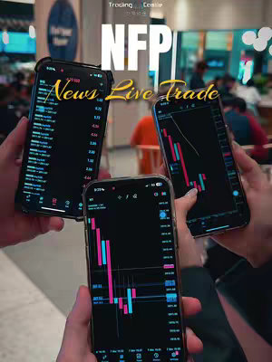 The image shows three smartphones held by unseen hands. Each phone displays a stock trading chart with candlestick patterns. The phones are angled, creating a sense of depth and focus on the trading information, against the blurred background of a busy environment.
