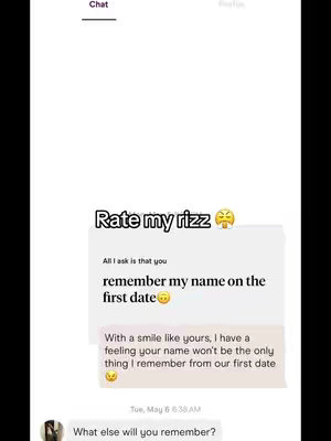 The image shows a phone screen with a chat interface. The main visual element is a text bubble with a message, overlayed by text at the top that says 'Rate my rizz'. The color scheme primarily uses white and black. The layout is clean and focused on the conversation.