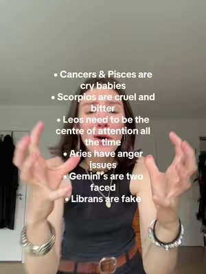 The cover image shows a woman with hands up and open, with text overlayed that has text listing astrology stereotypes. The text is listed as bullet points with specific star signs and a related assumption.