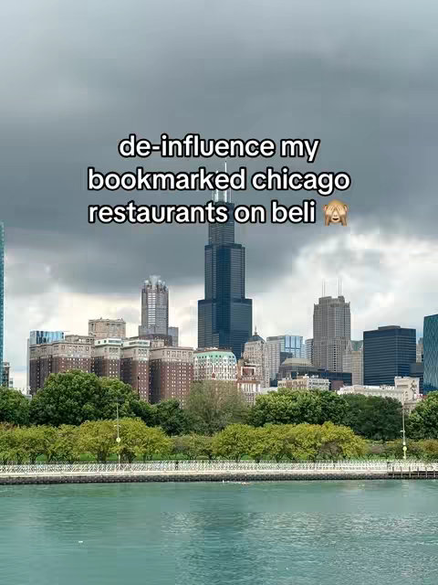 A cityscape featuring the Chicago skyline under a cloudy sky. In the foreground is a body of water. In the center of the image and skyline is the prominent Willis Tower. The text overlays the image, announcing a call to de-influence Chicago restaurants.