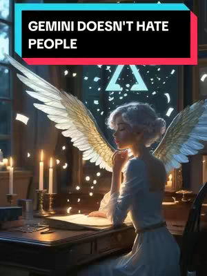 An artistic image features a woman angel with golden wings sitting at a desk. She faces left, her hands clasped, and appears deep in thought. Lit candles and falling lights enhance the ethereal atmosphere and the zodiac sign for Gemini is behind her.