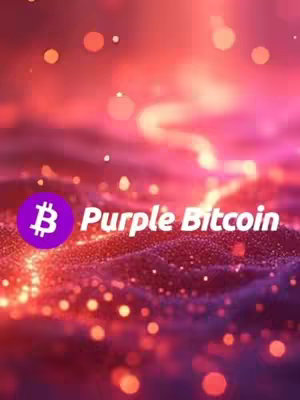 The cover image features a stylized representation of "Purple Bitcoin." The background is a blend of red and purple hues, creating a vibrant and dynamic backdrop. Bokeh lights add a soft, dreamy effect. The "Purple Bitcoin" text is prominently displayed, with the Bitcoin symbol colored in purple.