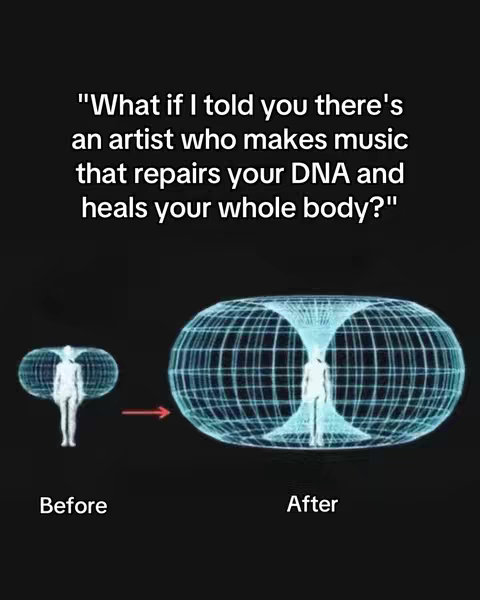 A split-screen graphic on a black background shows a human figure inside two different energy field visualizations. On the left, the figure is enclosed in a small, oval energy field labeled "Before." On the right side, labeled "After," the figure is inside a dramatically larger, more complex energy field. An arrow points right from the "Before" image to the "After" image.