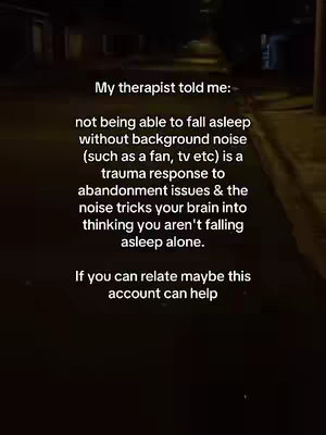 The image shows a dark outdoor scene, presumably at night. The focus is on text overlaid on the image. The text is white and provides information on trauma responses around sleep. The overall composition is straightforward with text dominating the visual.