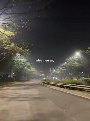 A nighttime shot of an empty road with streetlights illuminating the scene. The asphalt is wet, reflecting the lights, and trees line both sides of the road. The sky is a dark, dusky color, lending a moody and atmospheric vibe.