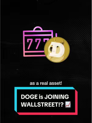 A vertical cover image on a dark, textured background, with a logo featuring a pink-outlined briefcase with the number 777 inside and a gold coin with the Dogecoin symbol. Below is a rectangular box with the text 'DOGE IS JOINING WALLSTREET!?' and a rising graph icon, all in white font. The image has a simple, text-based layout with a bold font.