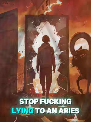 An artistic image featuring a person in silhouette walking towards the viewer. The background appears to be a vibrant sunset with a broken portal or mirror. To the right a ram is present. Bold, white text overlaid reads a strong statement relating to Aries.