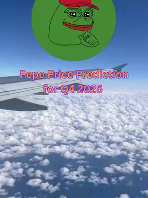 The cover image shows a view from an airplane window, capturing a sky filled with clouds and a clear, blue upper atmosphere. Overlayed in the sky is a green circle with the Pepe the Frog meme, wearing a red cap, above text that reads: Pepe Price Prediction for Q4 2025.