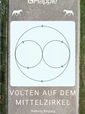 An overhead view of an equestrian arena, featuring a light grey surface with green borders. The focus is a diagram showing a riding exercise on a white background. The diagram consists of two overlapping circles with directional arrows, indicating the path of the horse. Above and to each side , are white silhouettes of horses. Below, text indicates the name of the exercise.