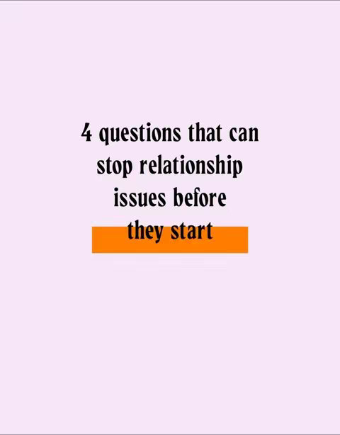 The cover image features a light purple background with dark and black text in the center. The text states, "4 questions that can stop relationship issues before they start." An orange rectangle is positioned just below the text "they start," likely for emphasis.