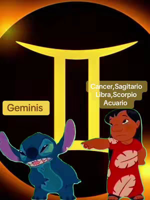 The image features Stitch and Lilo from the Disney movie 'Lilo & Stitch,' posed against a backdrop of a golden Gemini symbol.  Stitch, in the bottom left, has a mischievous expression with its ears up, and Lilo is positioned on the right, pointing and looking determined. Text overlays include 'Geminis' and a list of other zodiac signs. The overall composition is playful and thematic, with bright colors.