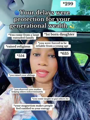 A woman with long, dark hair is sitting in a car, with a bright interior, likely the driver's seat. She has a serious expression. Text overlays with starburst frames and numbers are added to the image, along with white bubble text describing the woman's characteristics. The overall color scheme is bright.