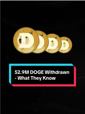 The cover image presents a dark background with four Dogecoin logos arranged diagonally. A rectangular box at the bottom contains white text with a teal and red outline.