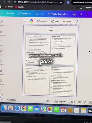 The image captures a laptop screen displaying a Canva design; a study checklist titled 'Fisica'. A text overlay reads 'preparándome para la paes.' The design is framed within a purple border, and at the bottom is an app screen. The design is in a Canva editing window.