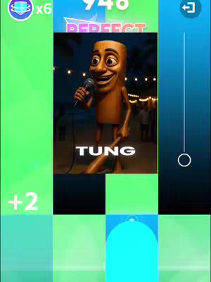 The cover image is a screenshot of a mobile rhythm game. The layout is divided into vertical columns. The top section features a perfect score indicator and a logo. The central area showcases a 3D rendered character holding a microphone, with the word "TUNG" underneath in large white font. Colored tiles in the app's gameplay interface create a grid below, with game elements such as score boosters (x6) and score value.