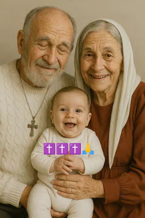 A heartwarming family portrait featuring three generations. An elderly couple, a man with a white beard wearing a cream sweater and a woman with gray hair in a brown dress and a white head covering frame a smiling baby in a white onesie. The baby is the focal point, centered between the adults.