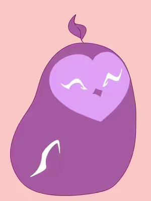 A stylized cartoon character shaped like a purple egg, with a lighter purple face and a heart-shaped area for the eyes. The background is a light pink. The character has a small leafy sprout on top.