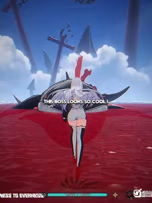 The image shows a back view of a female anime-styled character standing in a pool of red liquid, possibly blood. The character is blonde, wearing a white and black outfit. Towering structures resembling crosses and jagged formations rise in the background against a blue sky filled with clouds. Text overlayed on the image reads. The overall composition suggests a game scene focusing on a dramatic or action-oriented moment.