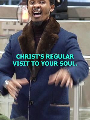 The cover image features a man with a microphone facing the camera, dressed in a dark blue suit with a fur collar. The background is blurred, suggesting a stage or indoor setting. Text overlayed on the image reads 'CHRIST'S REGULAR VISIT TO YOUR SOUL'.