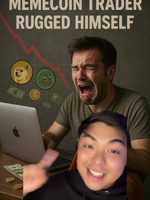 The image is a meme-style composition. The background shows a man crying and looking distressed while in front of a laptop. Behind him, there is a downward-sloping red line graph, and images of Dogecoin and Pepe, symbolizing a market crash. In the foreground is an embedded video frame showing the creator, smiling with a hand gesture, seemingly mocking the man in the background.