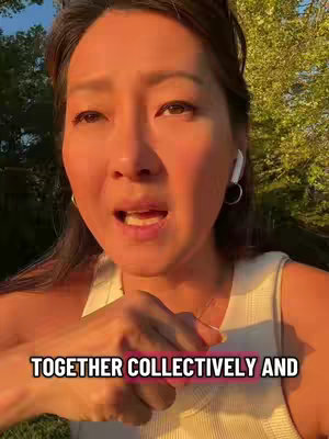 A woman with fair skin and dark hair in a white tank top holds a hand up, with a background of trees behind her. Text overlayed at the bottom of the image reads, 'TOGETHER COLLECTIVELY AND'.