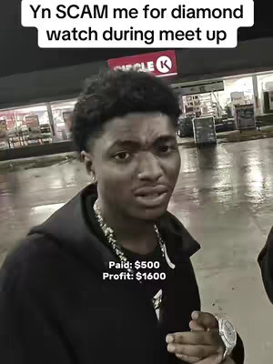 A man stands in front of a Circle K gas station, looking concerned. Text overlays indicate a scam involving a diamond watch, with profit and cost amounts displayed.