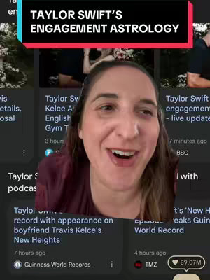 A woman with light skin and brown hair looks directly at the viewer with an excited expression in front of a screenshot of a web search results page. The overlay at the top says "TAYLOR SWIFT'S ENGAGEMENT ASTROLOGY". The background shows various news snippets about Taylor Swift. The overall effect and layout is characteristic of social media content with multiple visual elements.