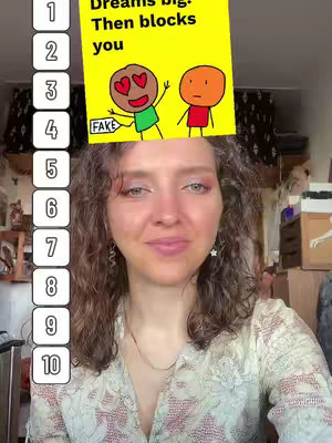 A woman with curly hair and eye makeup looks at the camera on a selfie video overlaid with a yellow text box holding a graphic of two stick figures, one with hearts for eyes. Numbered white boxes are lined up along the left side of the image.