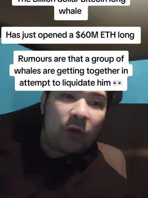 The cover image is a selfie-style shot featuring a man in a dark top, likely indoors. He is facing forward, with his mouth slightly open and appearing to be speaking. Above him are text overlays, set against a generally simple background, which contain information about cryptocurrency. White text boxes overlaying the image describe financial movements around Bitcoin and Ethereum, with surrounding text regarding whales and liquidation. The composition is straightforward focusing on financial news.