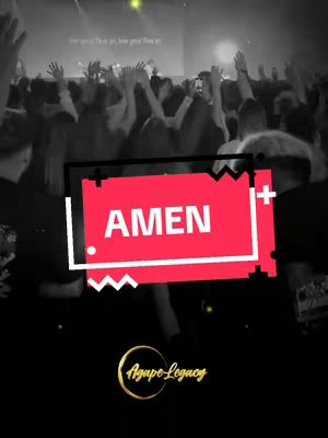 A group of people with their hands raised upwards, likely in a worship setting, with a large, red rectangle overlaid with the text 'AMEN'. Below that, a gold circular logo of 'Agape-Legacy' appears.