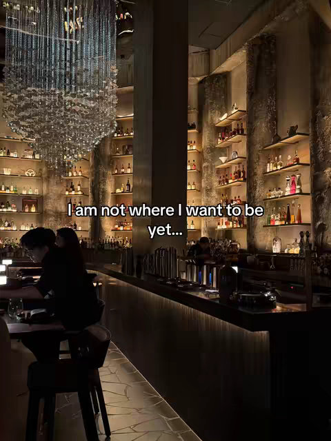 The image captures a dimly lit bar or restaurant scene. The focal point is a long bar with several people, one is silhouetted at the bar. Behind them, ornate shelves filled with bottles line the wall, with warm lighting adding depth. A decorative piece hangs above the bar. The overall tone is moody and sophisticated.