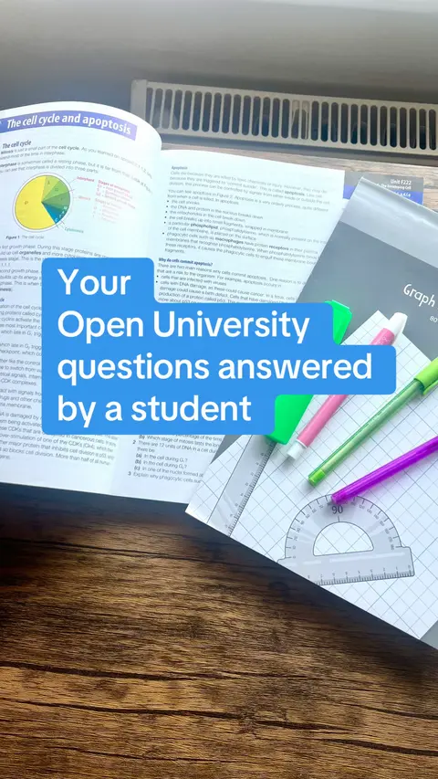 An overhead shot shows open textbooks and notebooks on a wooden surface, along with pens and a protractor. A teal colored banner with white text reads, "Your Open University questions answered by a student,".