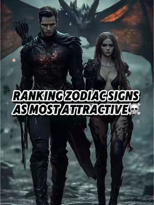 An AI-generated image features a man and a woman, both dressed in dark, fantasy-style attire. The man, on the left, has dark hair and a stern expression, with a bow and arrows visible. The woman beside them with long hair and serious look. The text overlayed on the image reads "RANKING ZODIAC SIGNS AS MOST ATTRACTIVE." The background is a dark and blurred fantasy setting with a dragon-like figure.