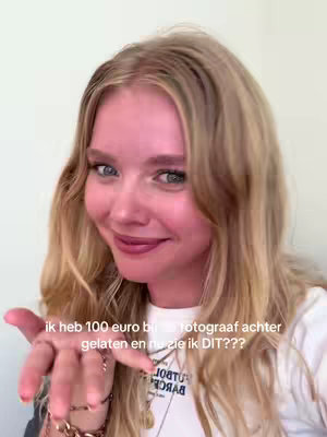 A young woman with long blonde hair smiles while holding her hand out, with text overlayed on the image.