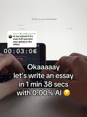 The image shows a person's hands typing on a laptop keyboard, with a phone displaying a timer and a comment from a school. Text overlays indicate the video's theme of writing an essay with 0% AI in a limited time.