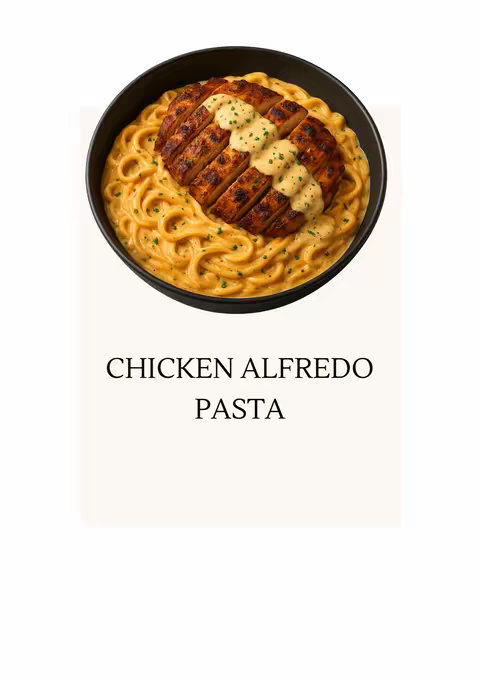 A close-up shot of a black bowl filled with creamy pasta. A piece of grilled chicken is placed on top. The text reads "CHICKEN ALFREDO PASTA".